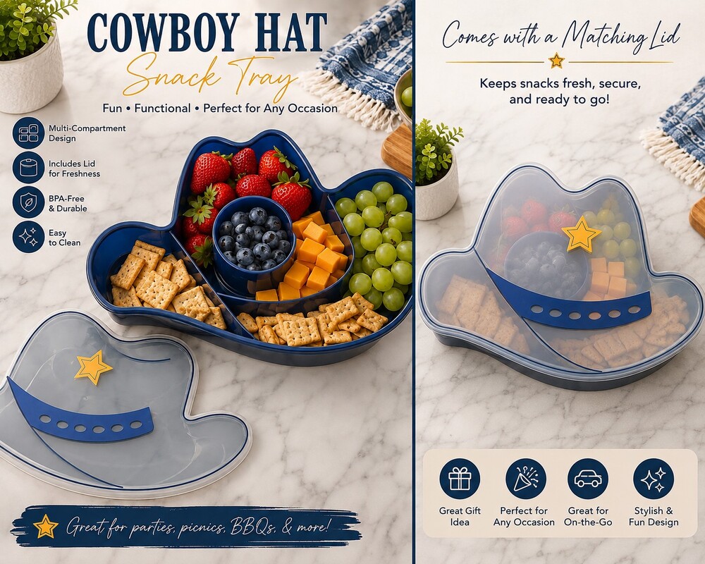Cowboy Hat Snack Tray Multi-Compartment Blue BPA-Free with Matching Lid